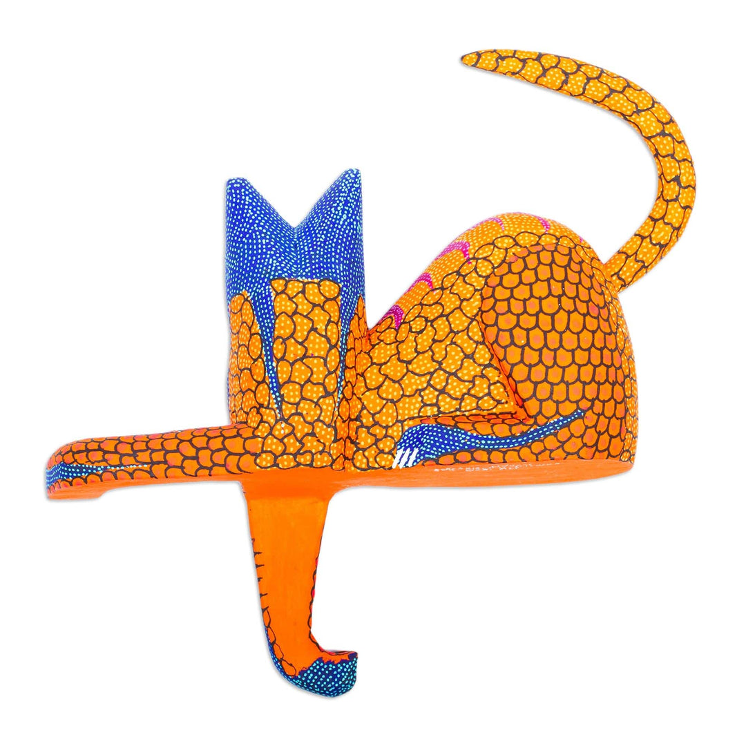 Blue and Gold Copal Wood Cat Alebrije from Oaxaca - My Domain in Gold