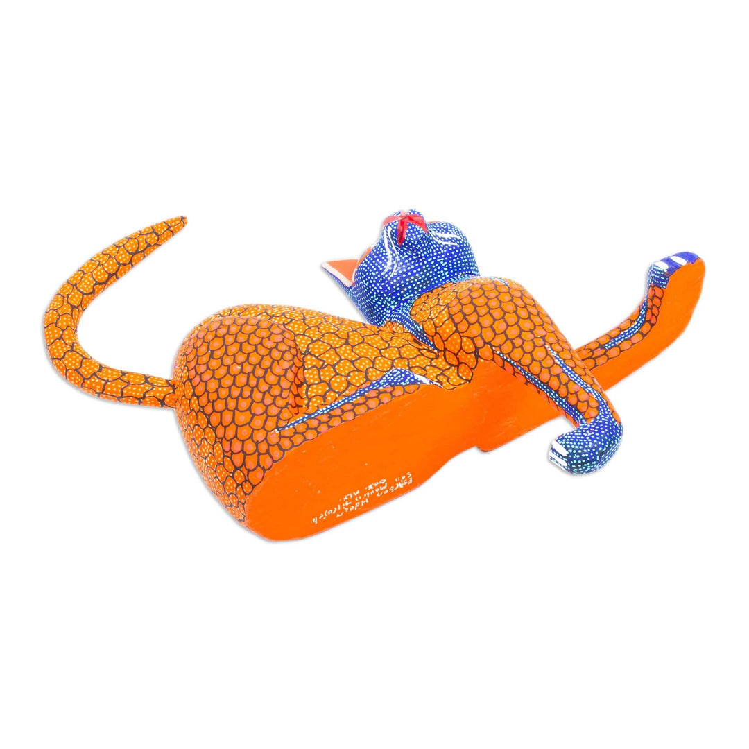 Blue and Gold Copal Wood Cat Alebrije from Oaxaca - My Domain in Gold