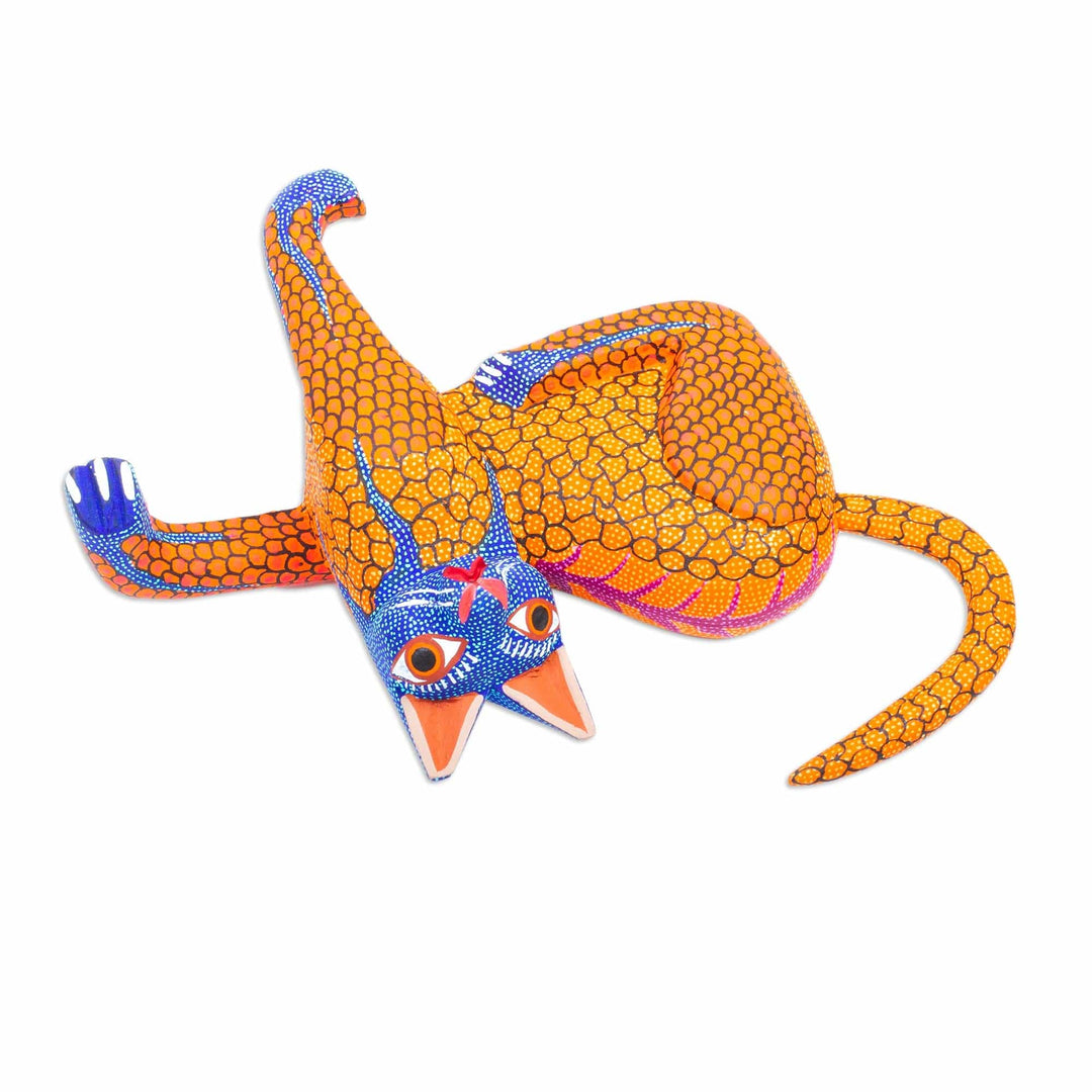 Blue and Gold Copal Wood Cat Alebrije from Oaxaca - My Domain in Gold