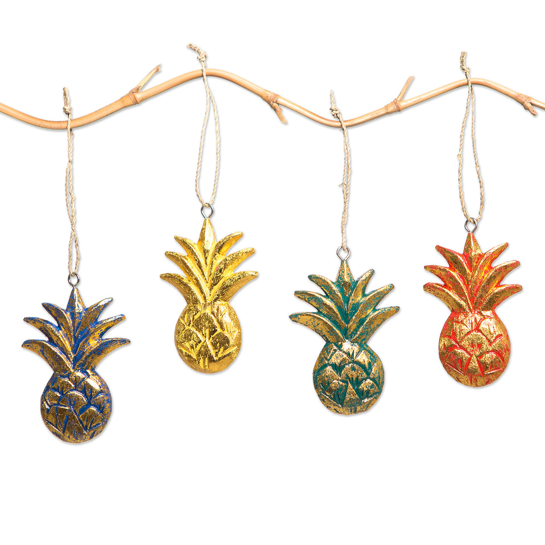 Wood Pineapple Holiday Ornaments from Bali (Set of 4) - Tropical Holiday