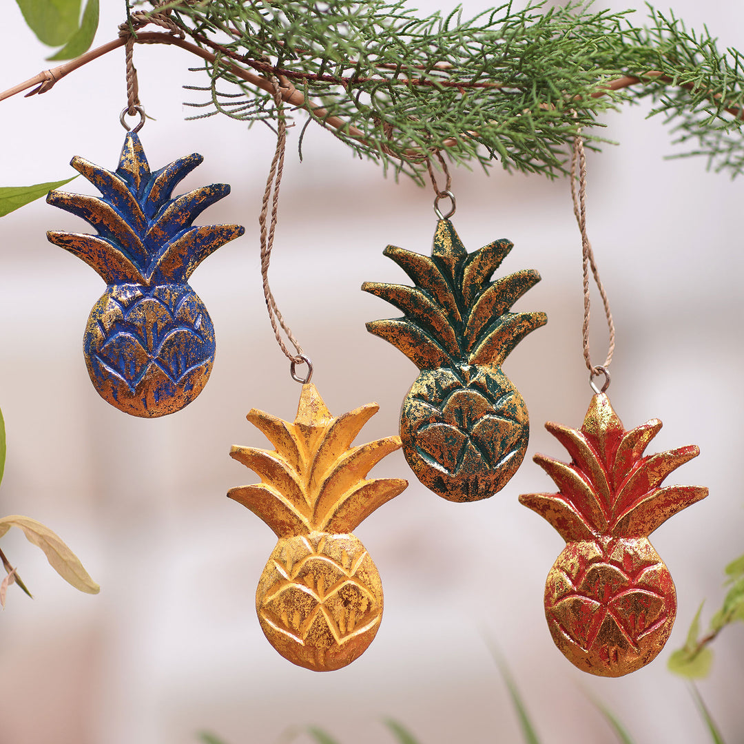 Wood Pineapple Holiday Ornaments from Bali (Set of 4) - Tropical Holiday