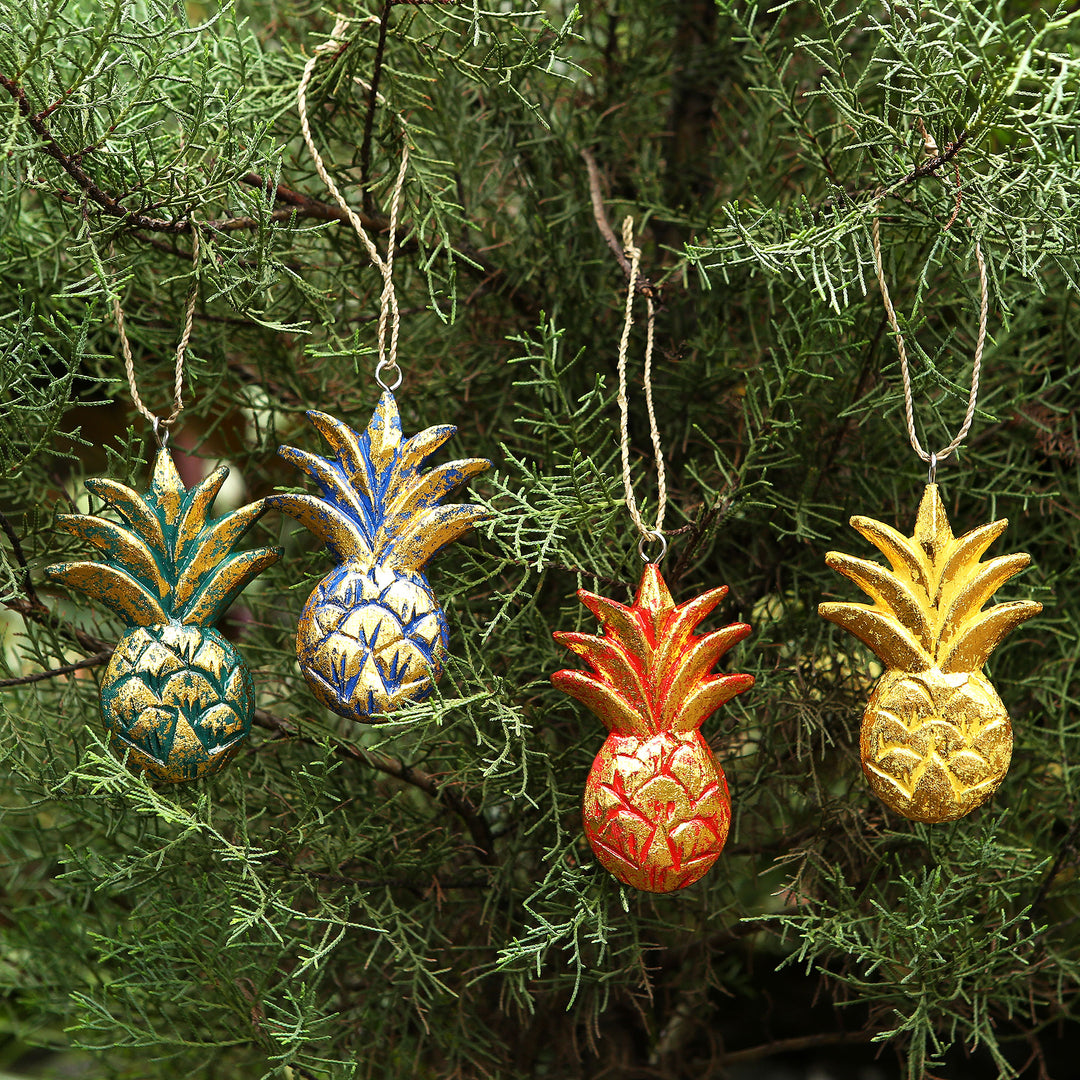 Wood Pineapple Holiday Ornaments from Bali (Set of 4) - Tropical Holiday
