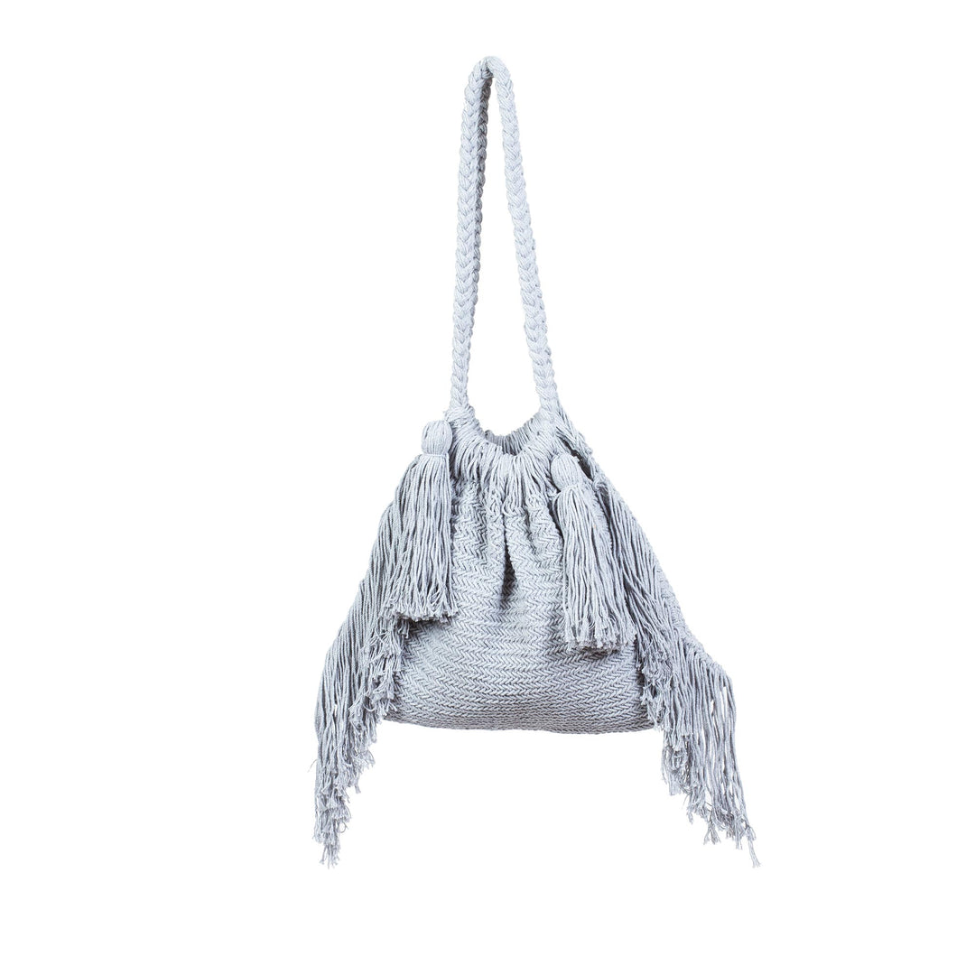 Macrame Cotton Shoulder Bag in Light Grey - Terra Fria in Ash