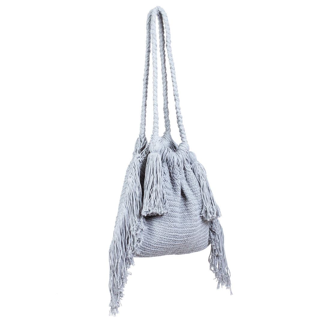 Macrame Cotton Shoulder Bag in Light Grey - Terra Fria in Ash