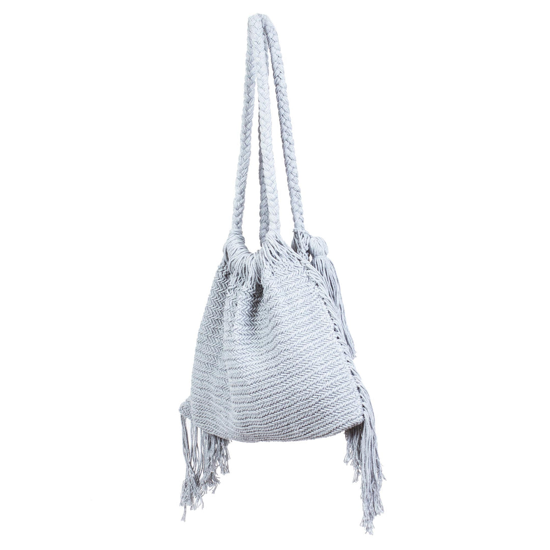 Macrame Cotton Shoulder Bag in Light Grey - Terra Fria in Ash