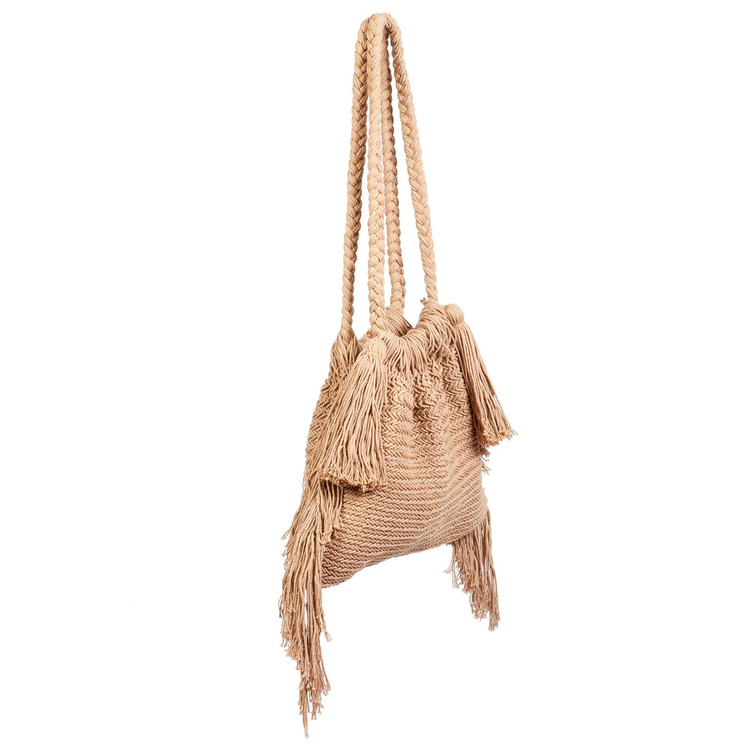 Handcrafted Cotton Macrame Shoulder Bag - Terra Fria in Sand