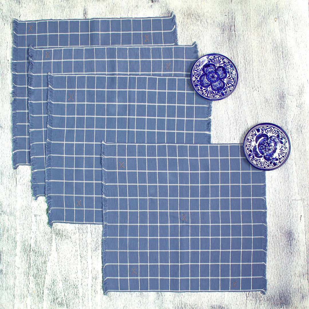 Blue-Grey Hand Woven Checkered Cotton Placemats (Set of 4) - Central Highlands Blue