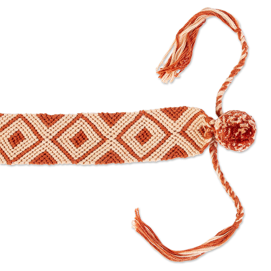 Russet and Peach 100% Macrame Cotton Bracelet from Chiapas - Russet Diamonds