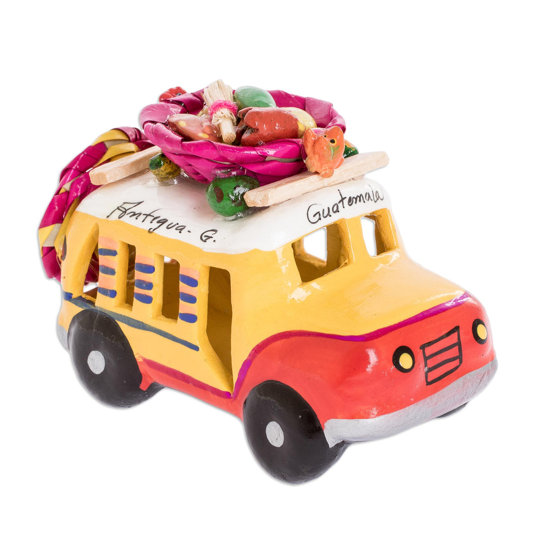 Red and Yellow Ceramic Bus Sculpture from Guatemala - Red and Yellow Old Time Bus