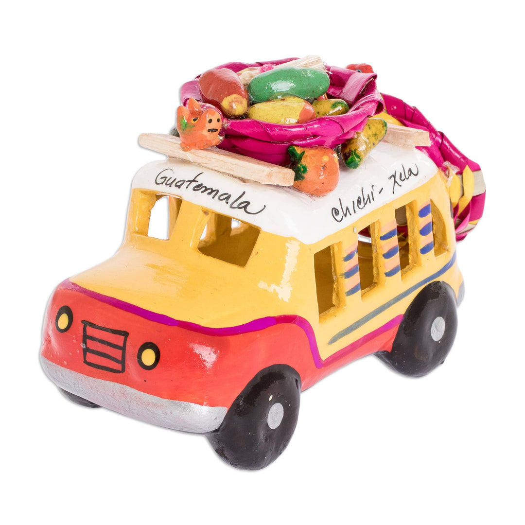 Red and Yellow Ceramic Bus Sculpture from Guatemala - Red and Yellow Old Time Bus