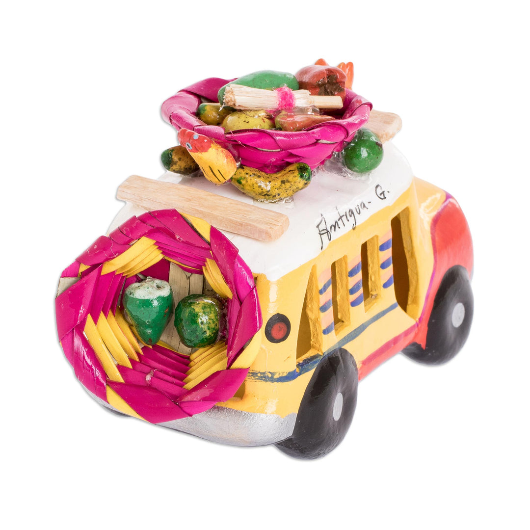 Red and Yellow Ceramic Bus Sculpture from Guatemala - Red and Yellow Old Time Bus