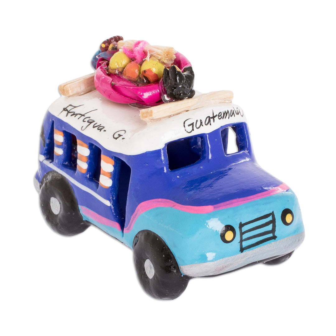Blue and Turquoise 3.5 In Ceramic Bus from Guatemala - Blue Old Time Bus