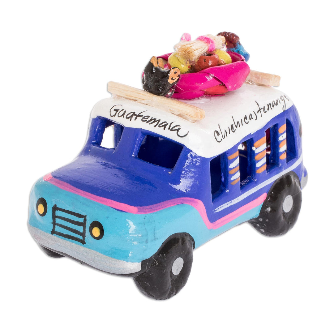 Blue and Turquoise 3.5 In Ceramic Bus from Guatemala - Blue Old Time Bus