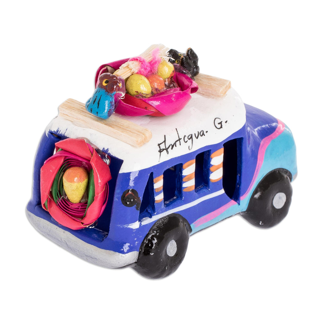 Blue and Turquoise 3.5 In Ceramic Bus from Guatemala - Blue Old Time Bus
