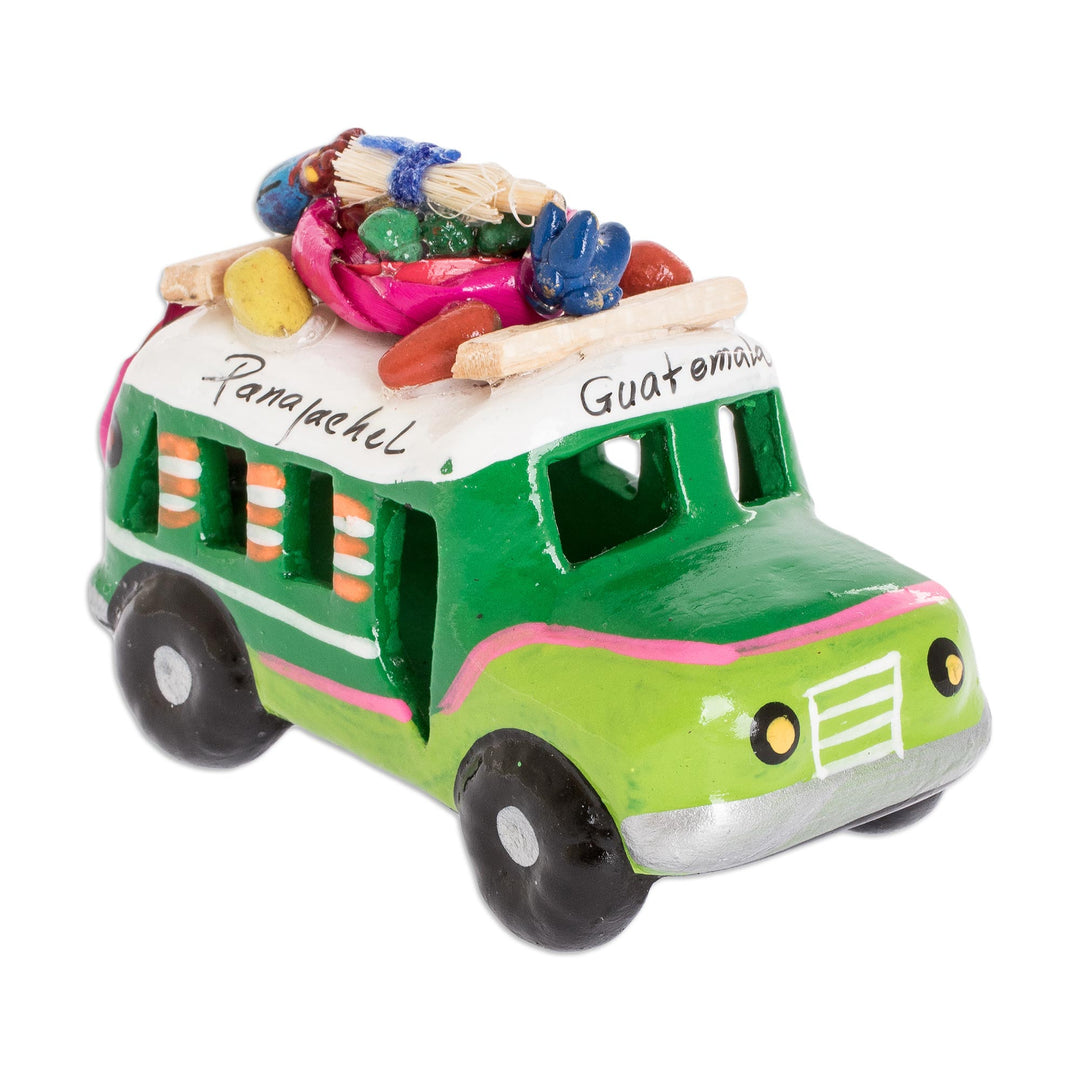 Mini 3.5 Inch Green Ceramic Bus Sculpture from Guatemala - Green Old Time Bus