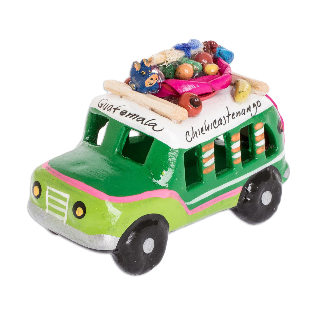 Mini 3.5 Inch Green Ceramic Bus Sculpture from Guatemala - Green Old Time Bus