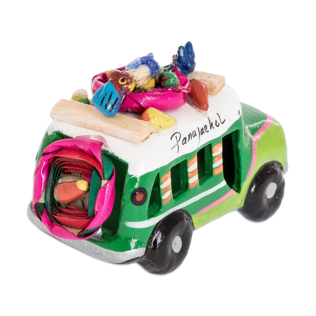 Mini 3.5 Inch Green Ceramic Bus Sculpture from Guatemala - Green Old Time Bus