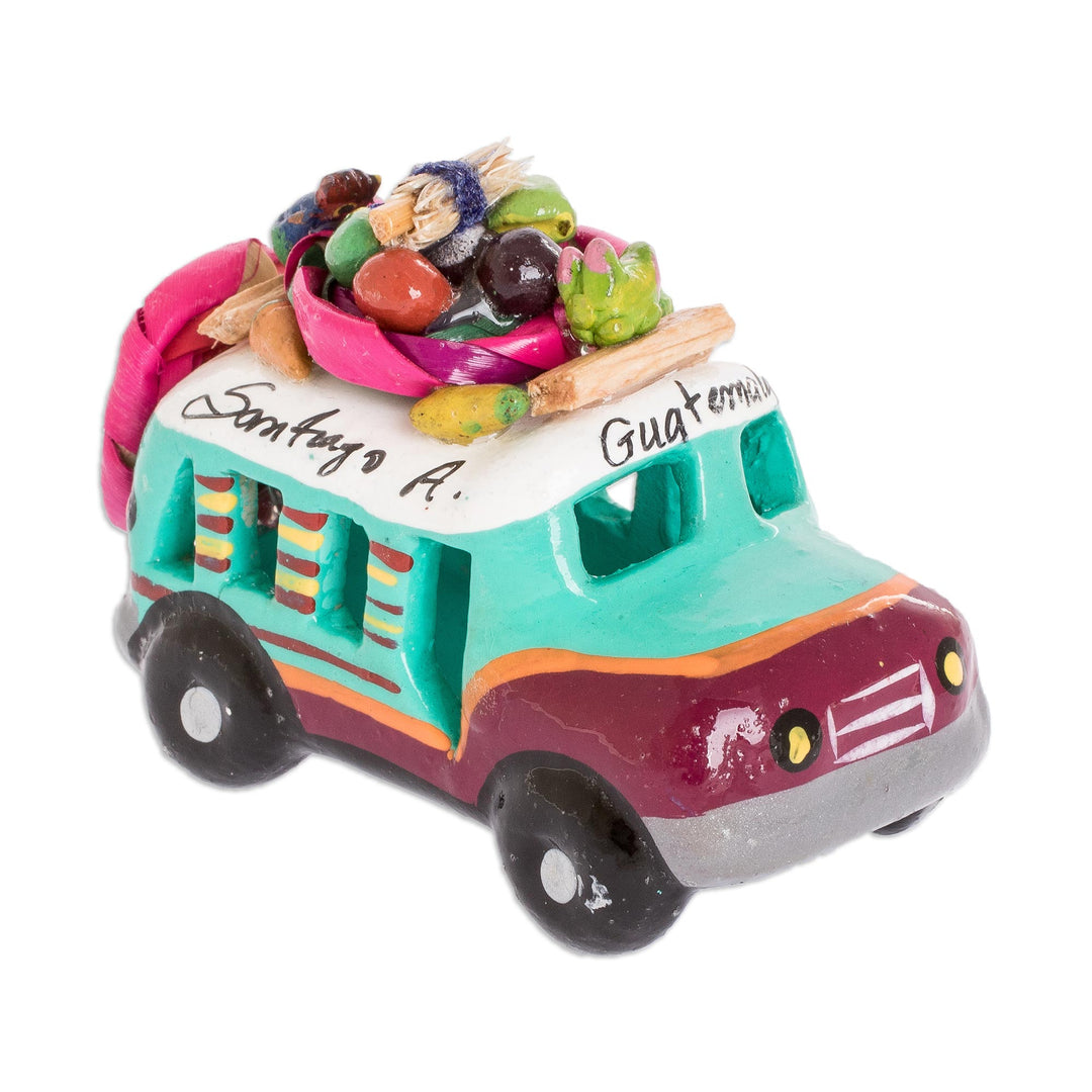 Green and Brown Ceramic Mini Bus Decoration from Guatemala - Brown and Turquoise Old Tim...