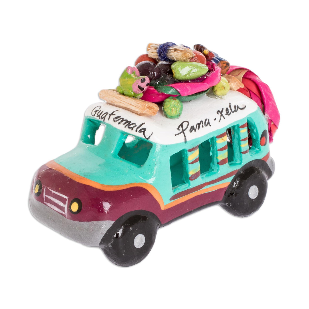 Green and Brown Ceramic Mini Bus Decoration from Guatemala - Brown and Turquoise Old Tim...