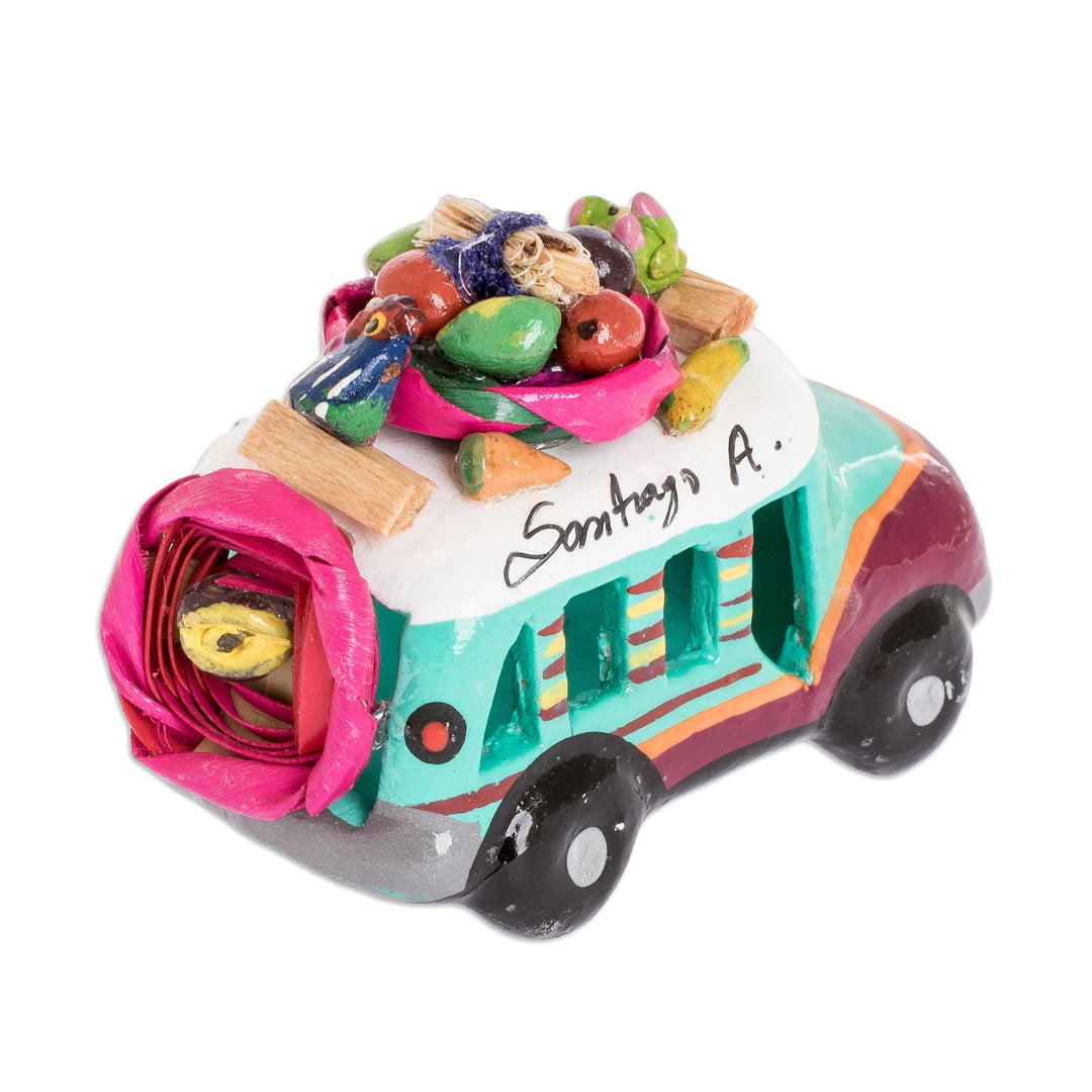 Green and Brown Ceramic Mini Bus Decoration from Guatemala - Brown and Turquoise Old Tim...