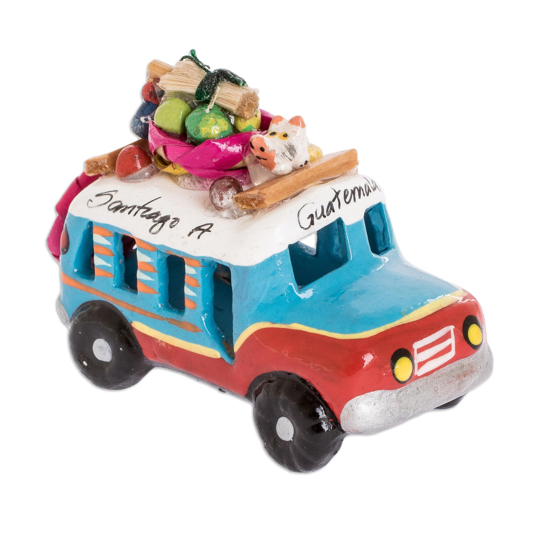Guatemala 3 Inch Red and Blue Ceramic Bus Figurine - Blue and Red Old Time Bus