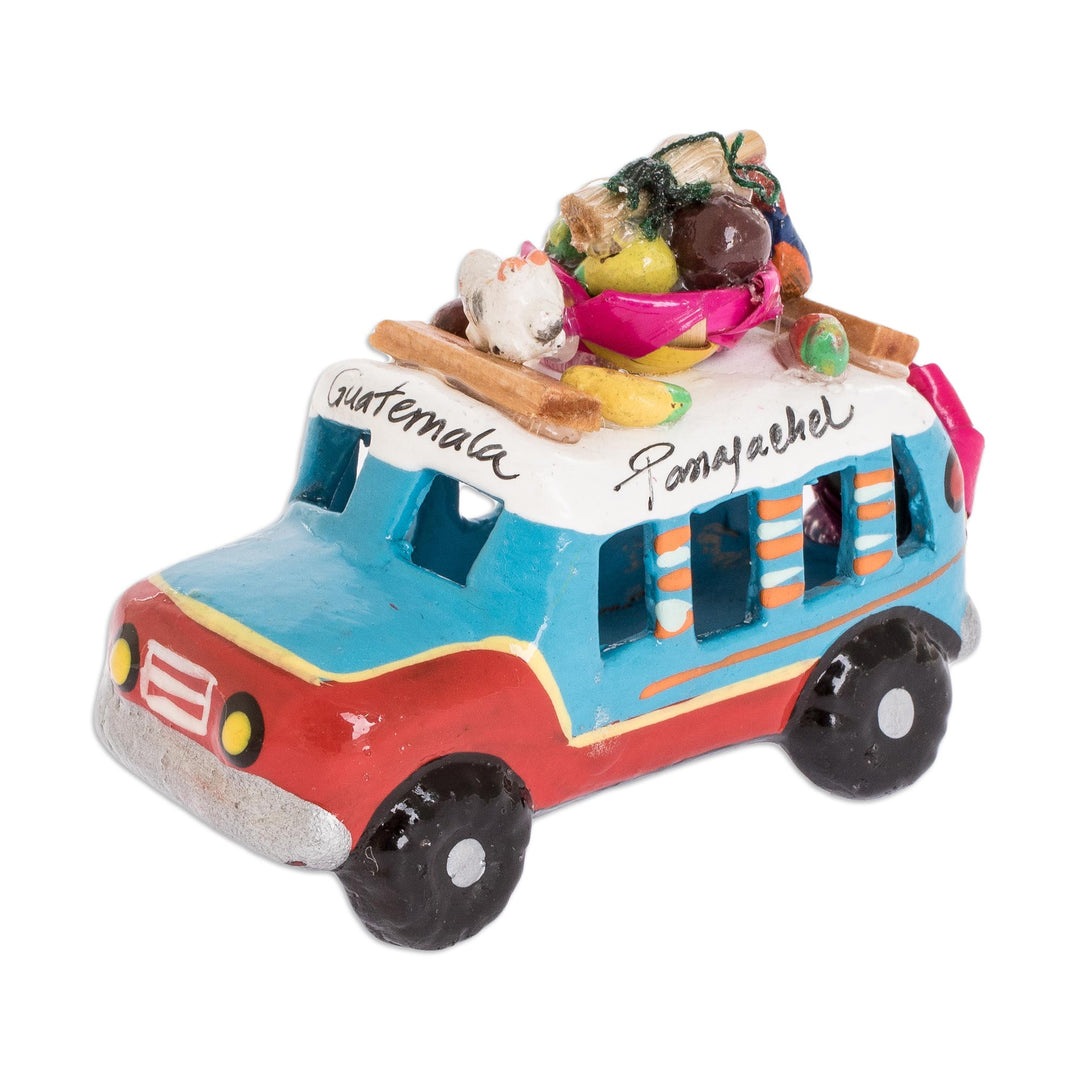 Guatemala 3 Inch Red and Blue Ceramic Bus Figurine - Blue and Red Old Time Bus