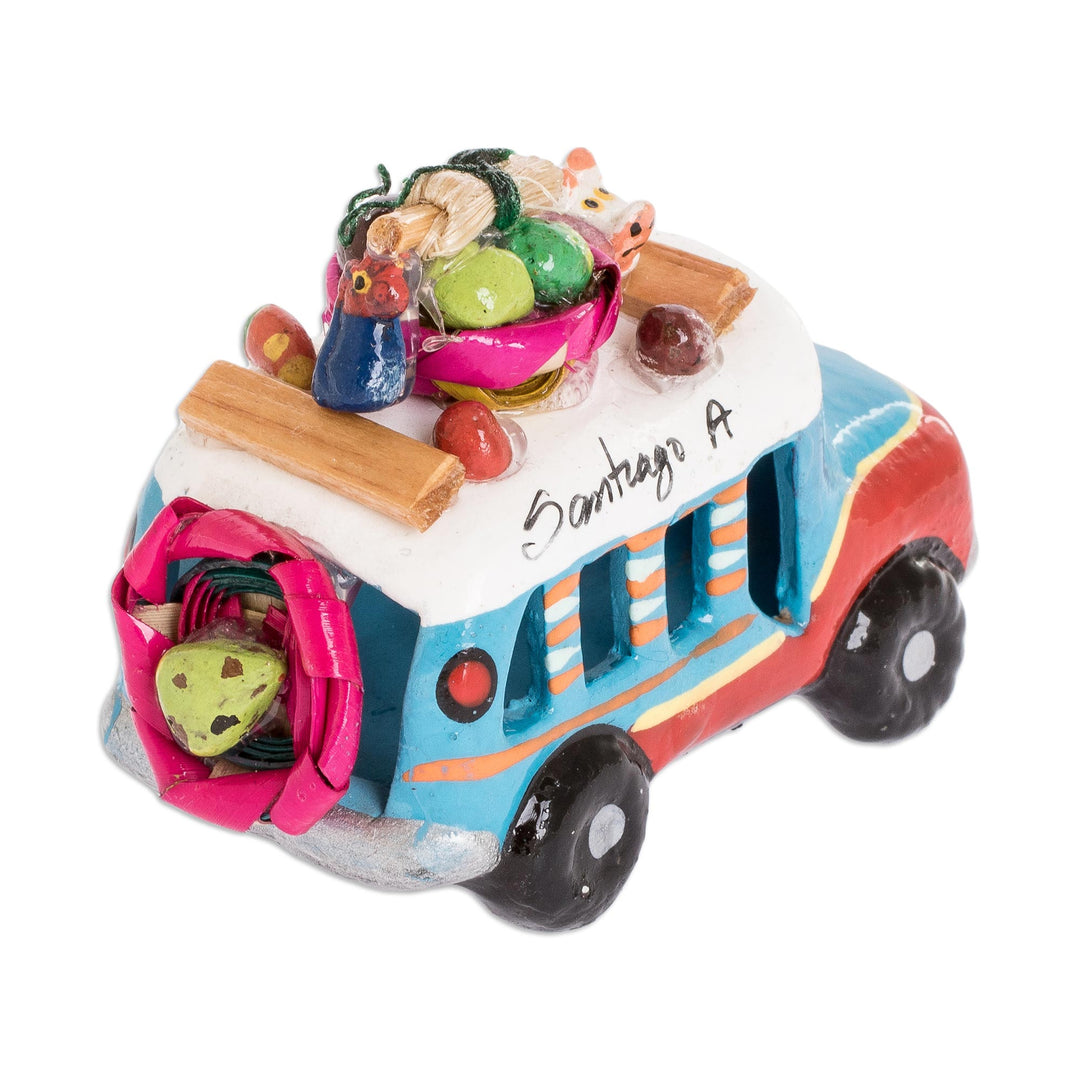 Guatemala 3 Inch Red and Blue Ceramic Bus Figurine - Blue and Red Old Time Bus