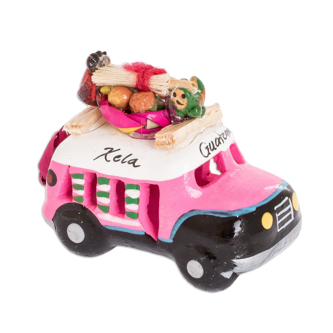 2.5 Inch Pink Ceramic Mini Bus Figurine from Guatemala - Pink Old Time Bus