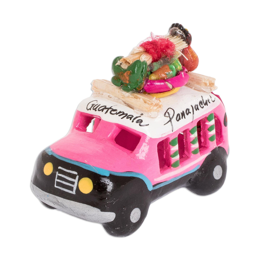 2.5 Inch Pink Ceramic Mini Bus Figurine from Guatemala - Pink Old Time Bus