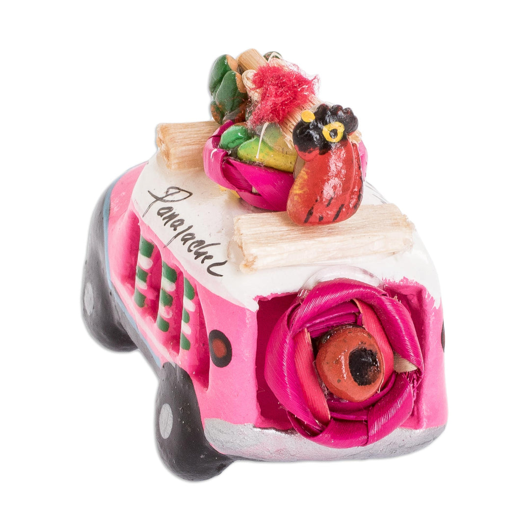 2.5 Inch Pink Ceramic Mini Bus Figurine from Guatemala - Pink Old Time Bus