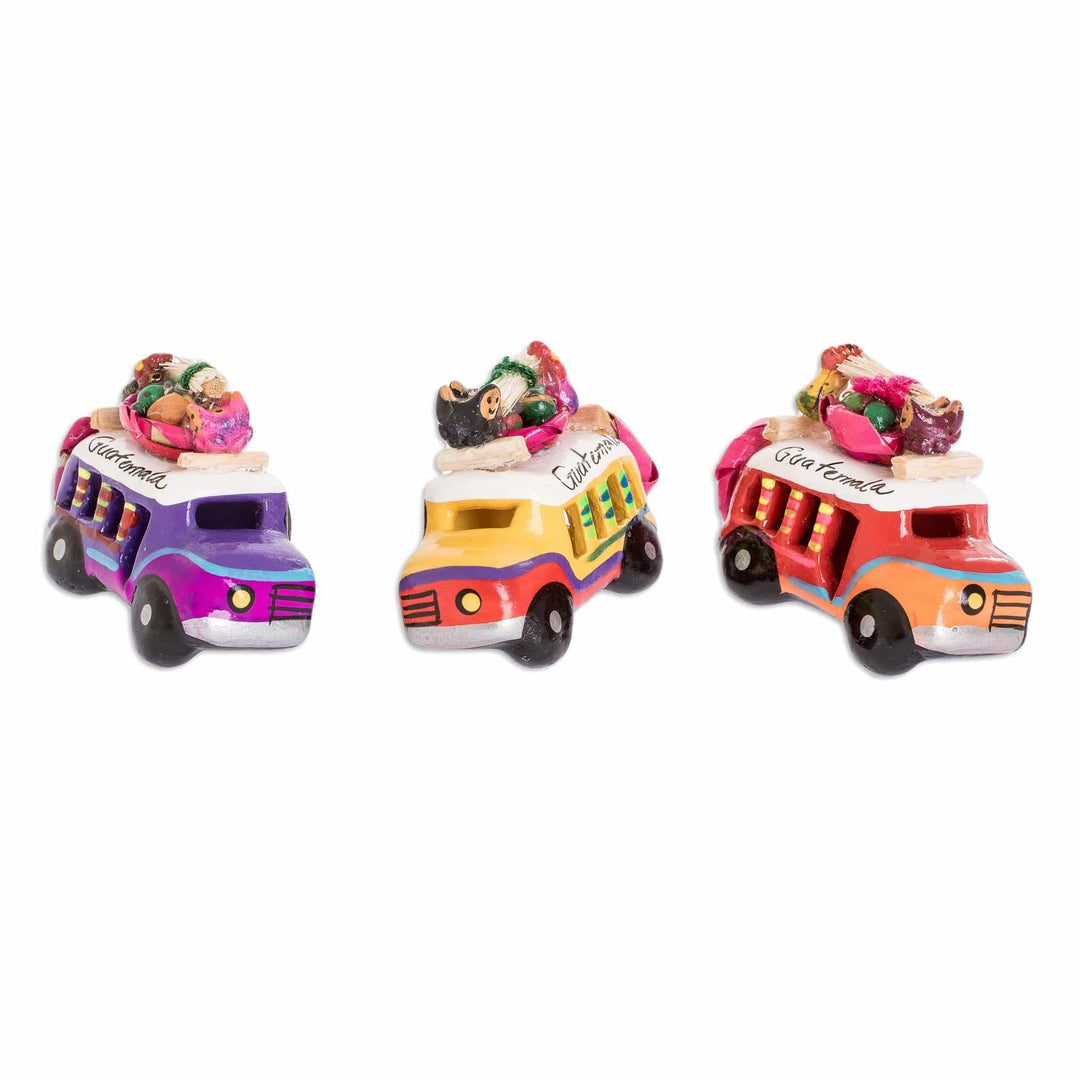 Ceramic Refrigerator Magnets of Guatemalan Buses (Set of 3) - Multicolor Old Time Buses