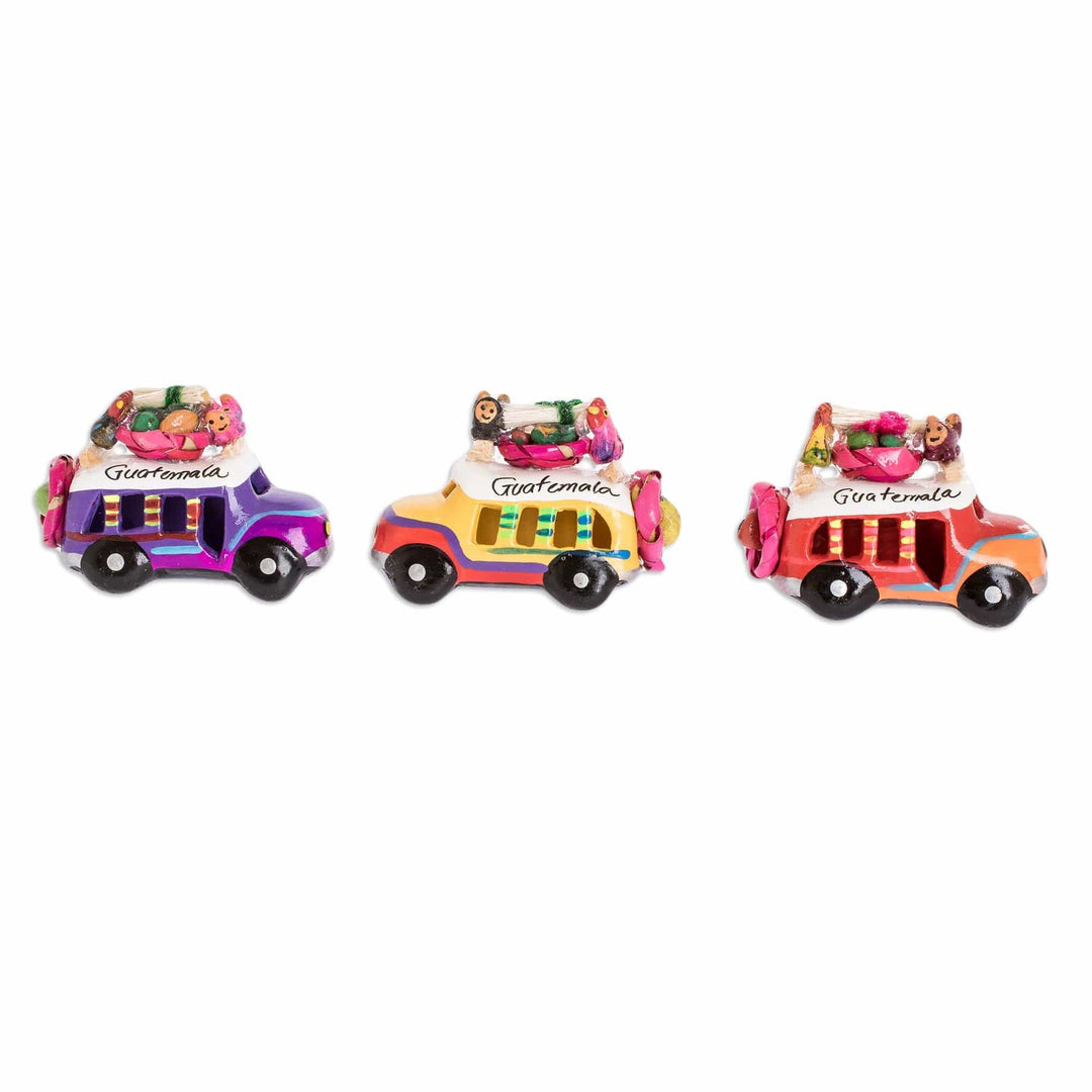 Ceramic Refrigerator Magnets of Guatemalan Buses (Set of 3) - Multicolor Old Time Buses