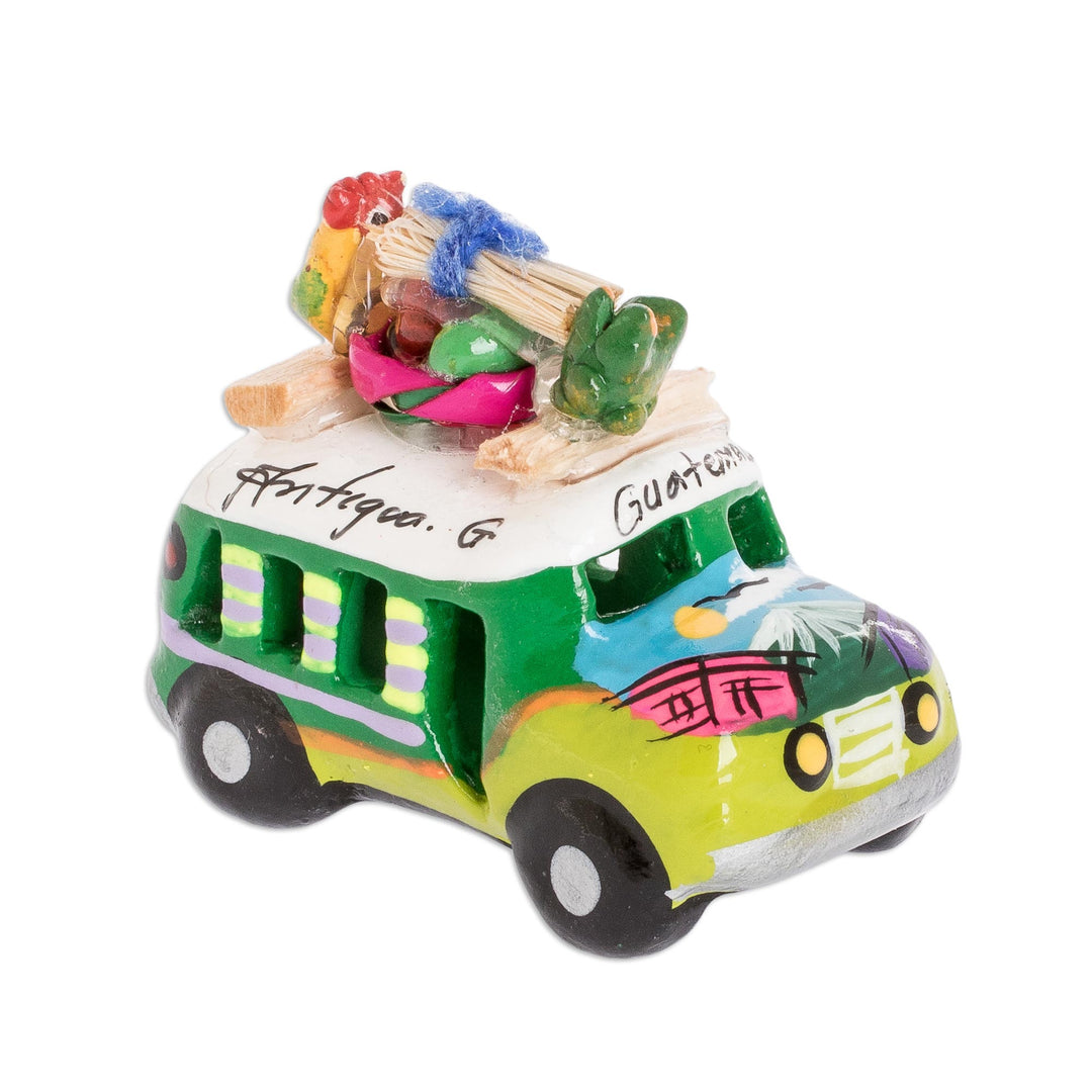 Min Ceramic Bus Figurine in Greens from Guatemala - Two Tone Green Old Time Bus