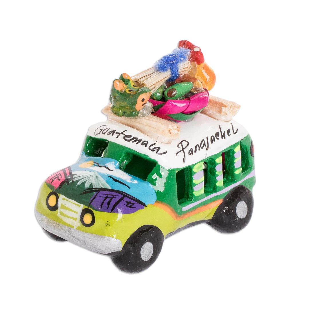 Min Ceramic Bus Figurine in Greens from Guatemala - Two Tone Green Old Time Bus
