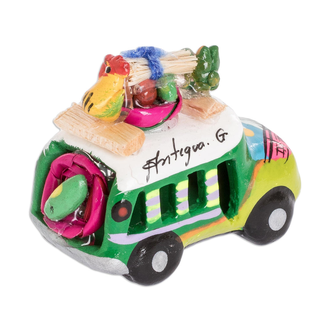 Min Ceramic Bus Figurine in Greens from Guatemala - Two Tone Green Old Time Bus