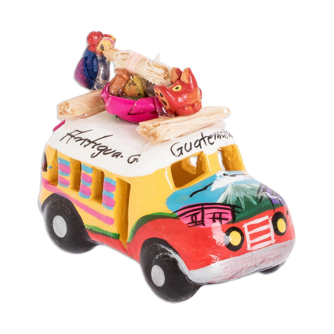 Yellow and Orange Ceramic Bus Decoration from Guatemala - Yellow and Orange Old-Time Bus