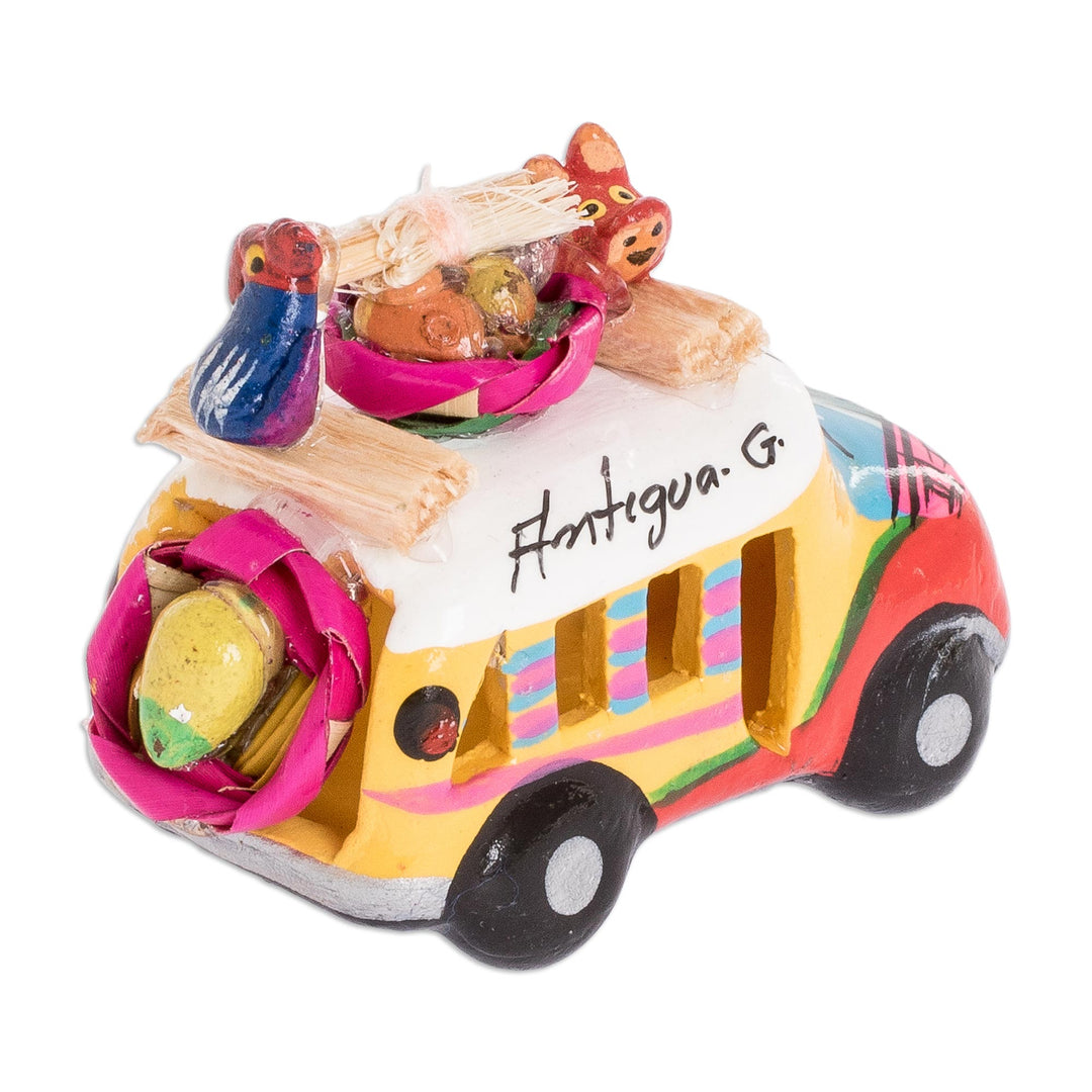 Yellow and Orange Ceramic Bus Decoration from Guatemala - Yellow and Orange Old-Time Bus
