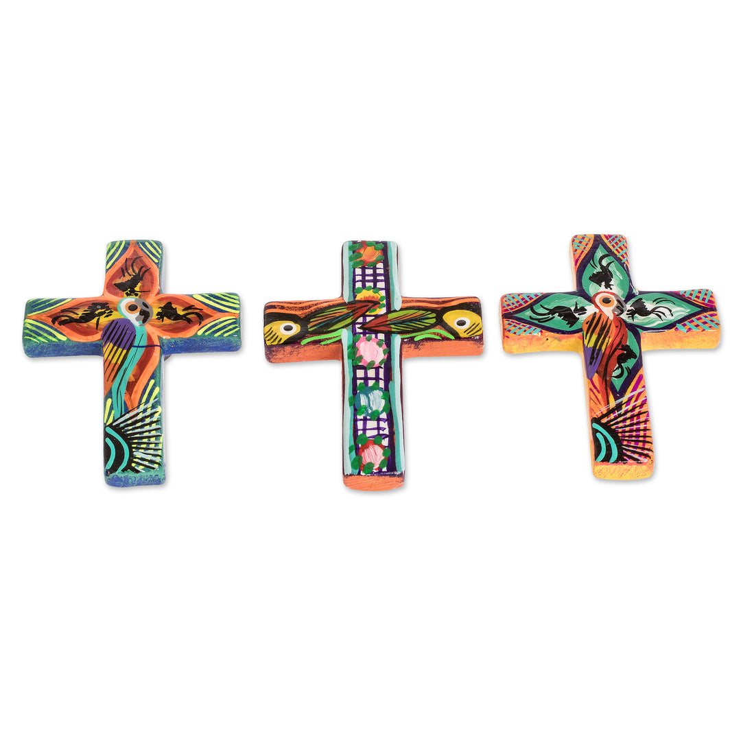 Hand Painted Cross Ceramic Refrigerator Magnets (Set of 3) - Bird and Flower Crosses