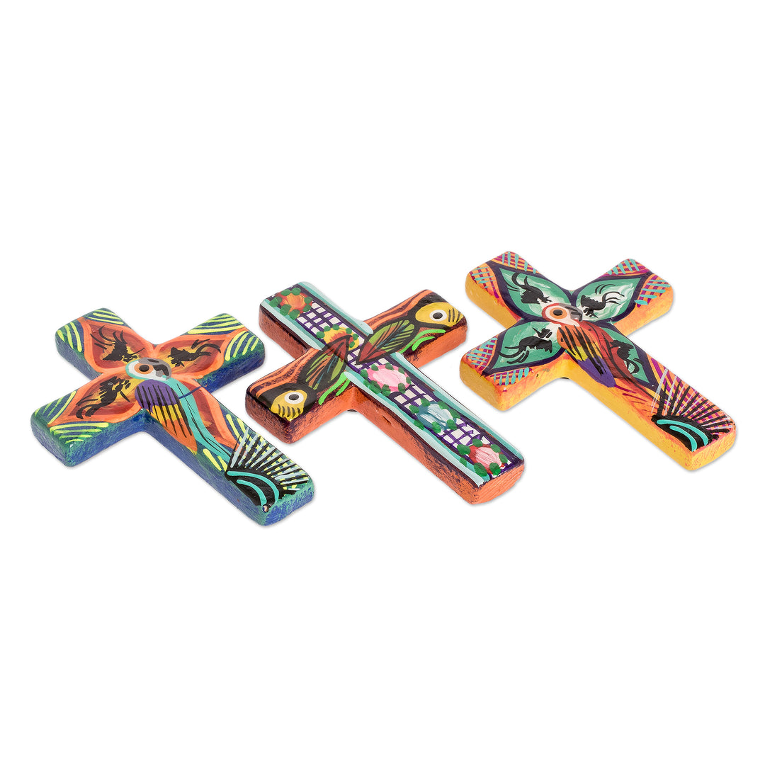 Hand Painted Cross Ceramic Refrigerator Magnets (Set of 3) - Bird and Flower Crosses