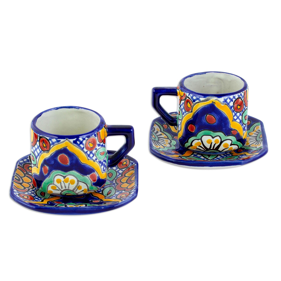 Colonial Mexican Ceramic Cups Mugs with Saucers (Set for 2) - Hidalgo Fiesta