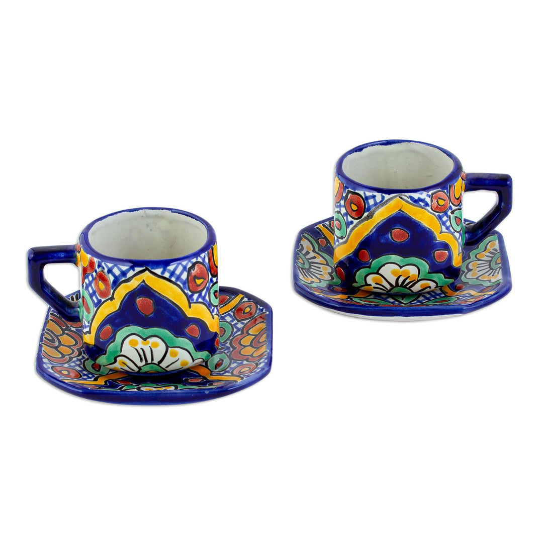 Colonial Mexican Ceramic Cups Mugs with Saucers (Set for 2) - Hidalgo Fiesta