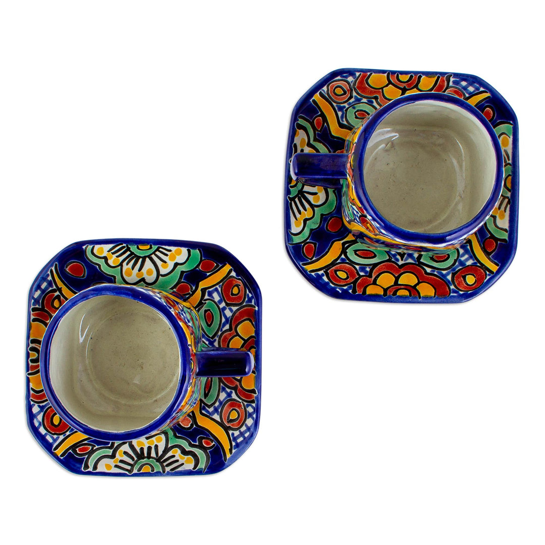 Colonial Mexican Ceramic Cups Mugs with Saucers (Set for 2) - Hidalgo Fiesta