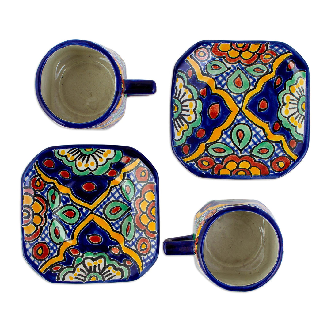 Colonial Mexican Ceramic Cups Mugs with Saucers (Set for 2) - Hidalgo Fiesta