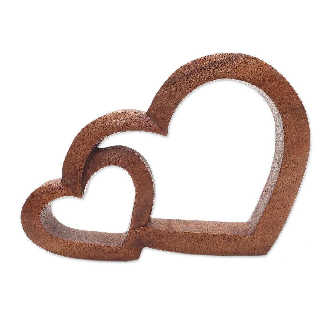 Wood Hand Made Indonesian Brown Connecting Hearts Sculpture - Warm Hearts