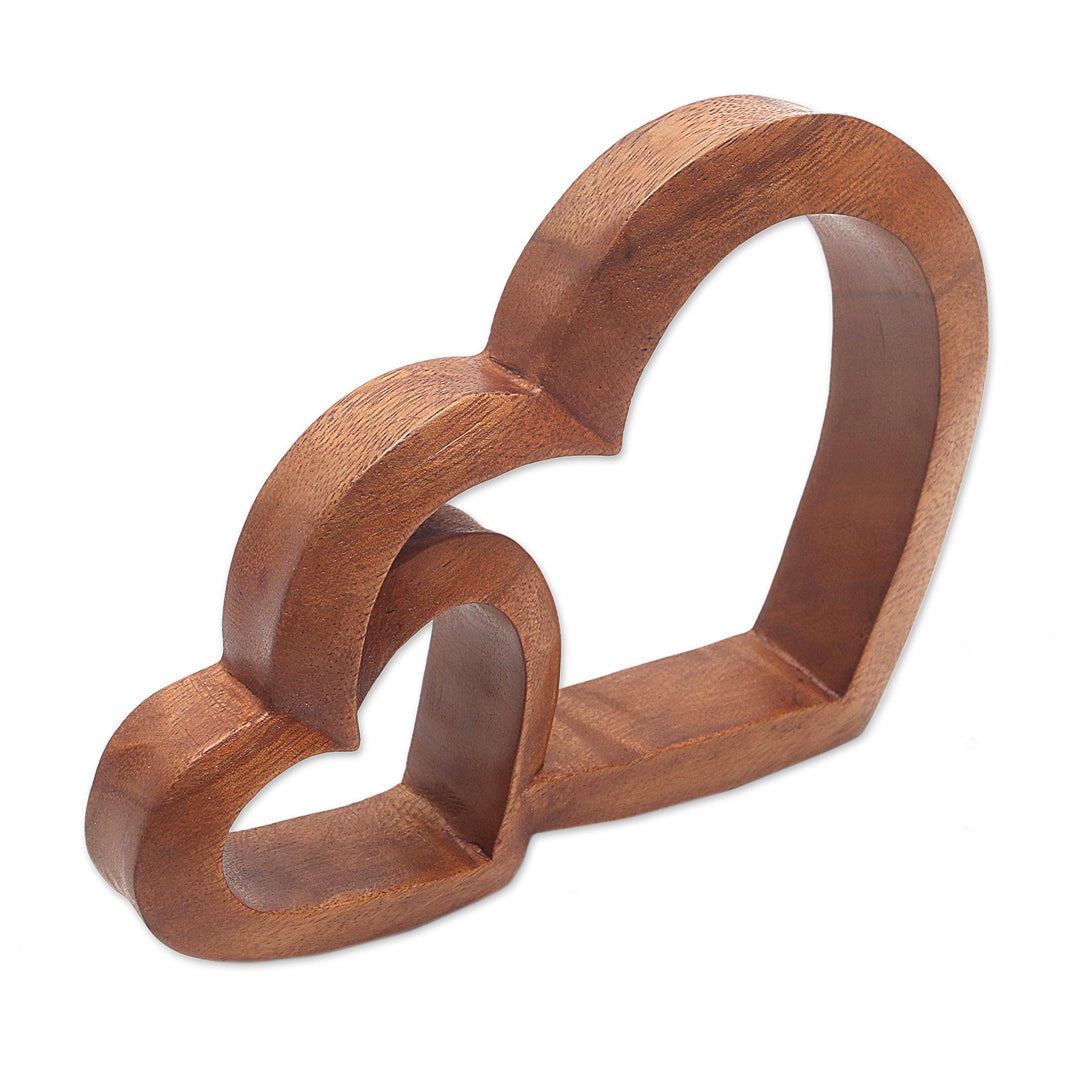 Wood Hand Made Indonesian Brown Connecting Hearts Sculpture - Warm Hearts
