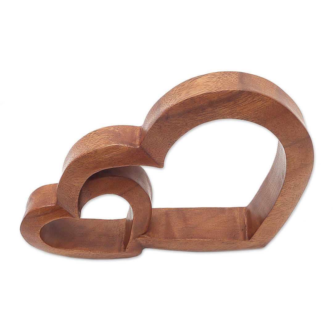 Wood Hand Made Indonesian Brown Connecting Hearts Sculpture - Warm Hearts