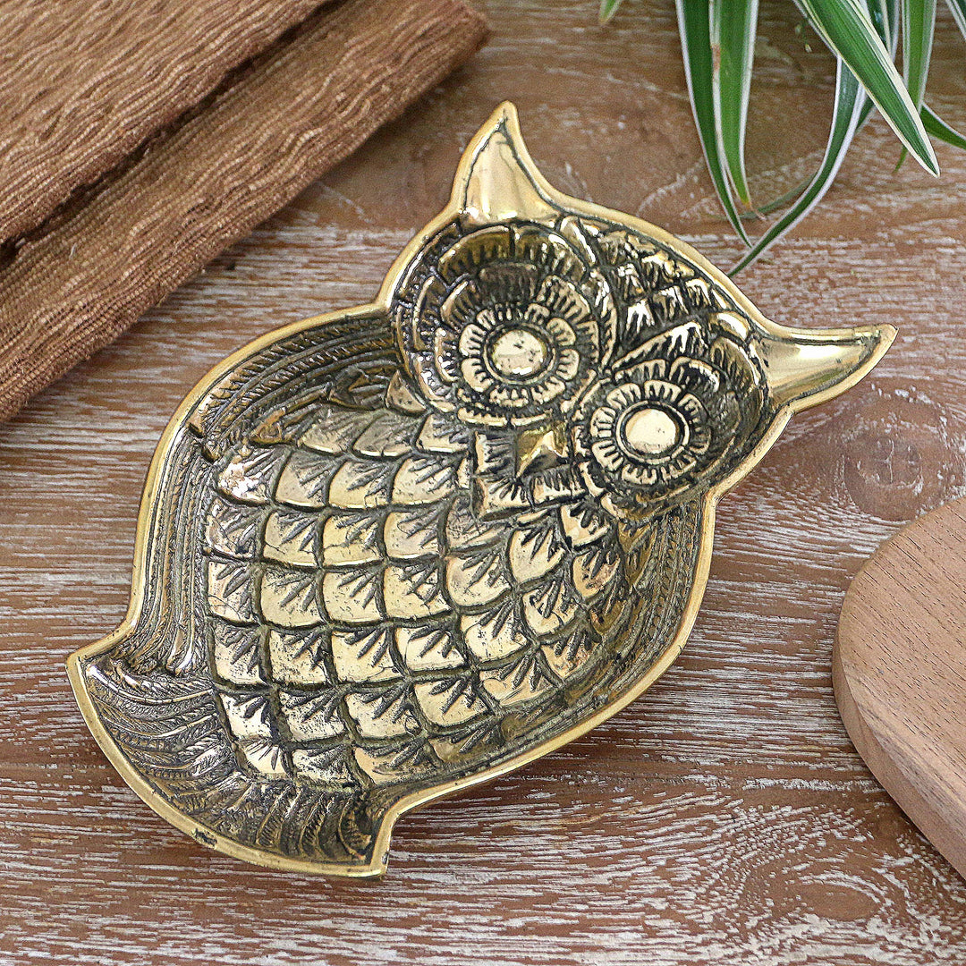 Handmade Brass Catchall with Owl Motif - Wise Eyes