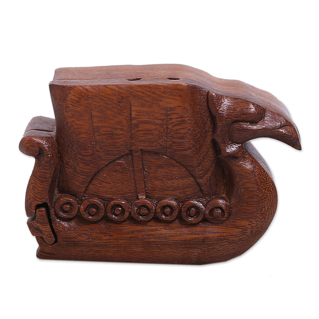 Hand Carved Suar Wood Puzzle Box - Swan Ship