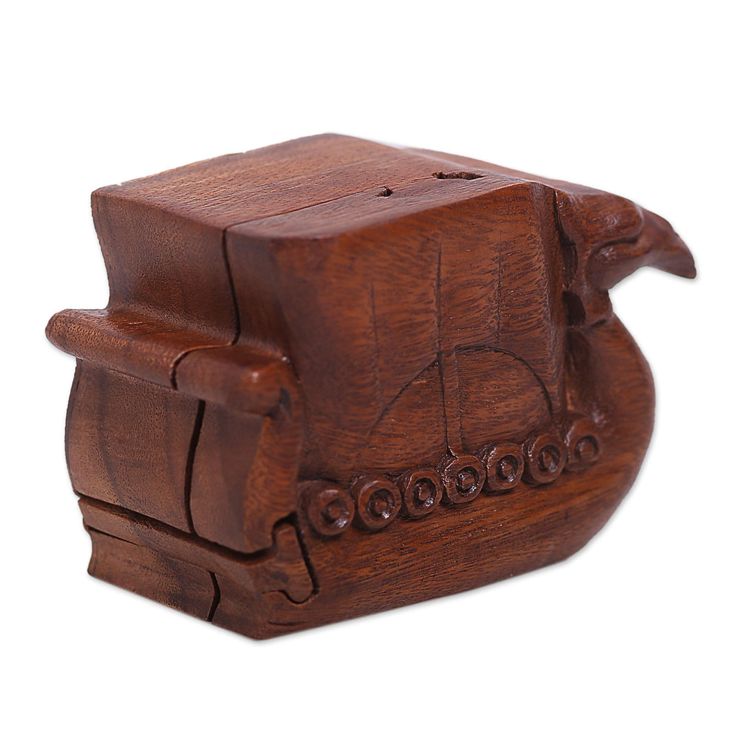 Hand Carved Suar Wood Puzzle Box - Swan Ship
