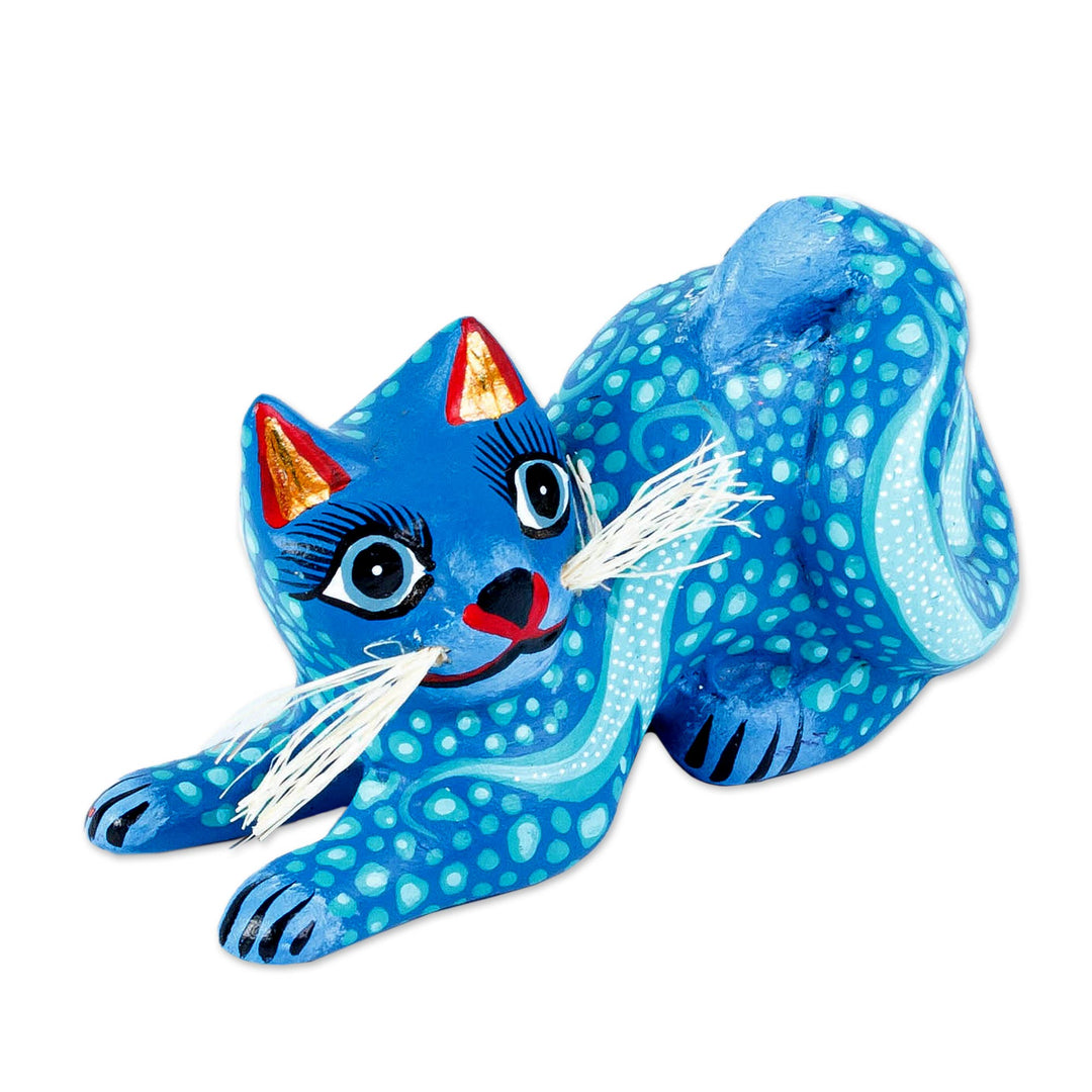 Blue and Turquoise Whiskered Cat Alebrije from Oaxaca - Blue Pouncing Cat